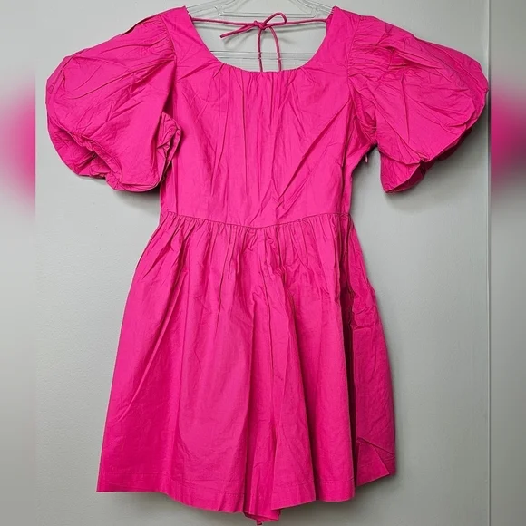 By Anthropologie Women's Puff-Sleeve Romper w Pockets, Fuchsia Hot Pink - Picture 6 of 13